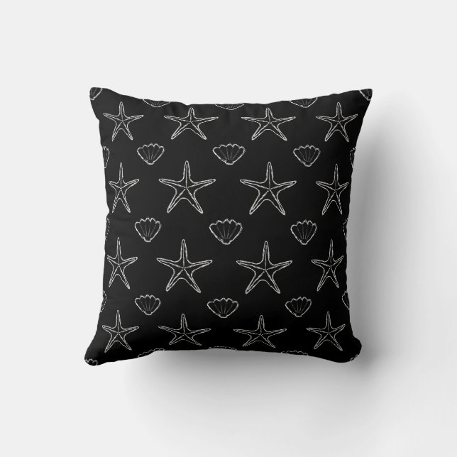 Starfish Seashell Sketch Pattern On Black Throw Pillow (Back)