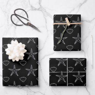Starfish Seashell Sketch Pattern On Black Wrapping Paper Sheets