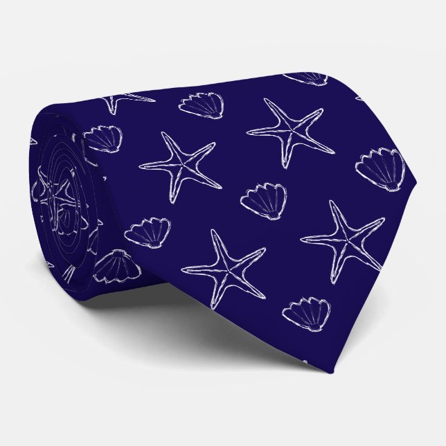 Starfish Seashell Sketch Pattern On Blue Neck Tie (Rolled)