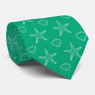 Starfish Seashell Sketch Pattern On Green Neck Tie
