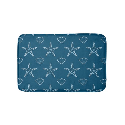 Starfish Seashell Sketch Pattern On Ocean Blue Bath Mat
