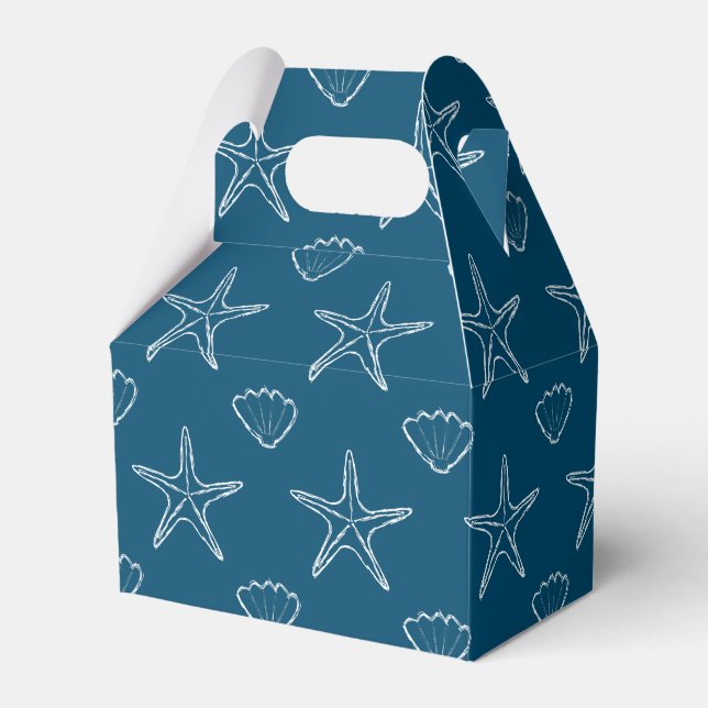 Starfish Seashell Sketch Pattern On Ocean Blue Favor Boxes (Front Side)