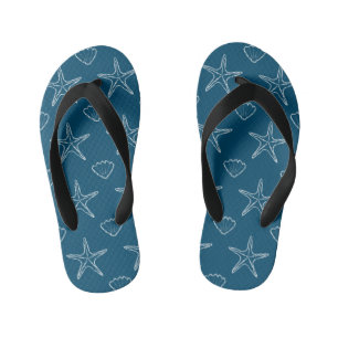 Starfish Seashell Sketch Pattern On Ocean Blue Kid's Flip Flops