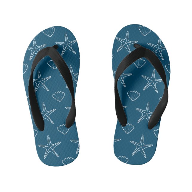 Starfish Seashell Sketch Pattern On Ocean Blue Kid's Flip Flops (Footbed)