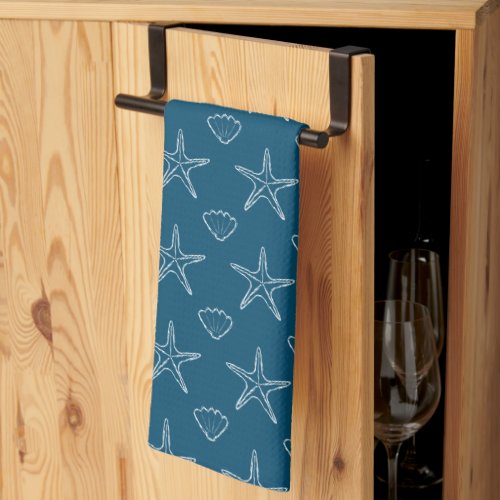 Starfish Seashell Sketch Pattern On Ocean Blue Kitchen Towel