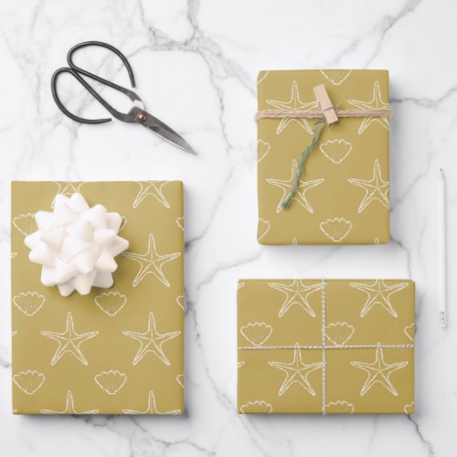 Starfish Seashell Sketch Pattern On Sand Color Wrapping Paper Sheets