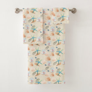Starfish Seashell Watercolor Pastel Bath Towels
