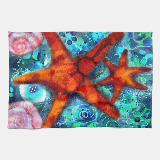 Starfish Seashells Beach Coastal Nautical Abstract Kitchen Towel (Horizontal)