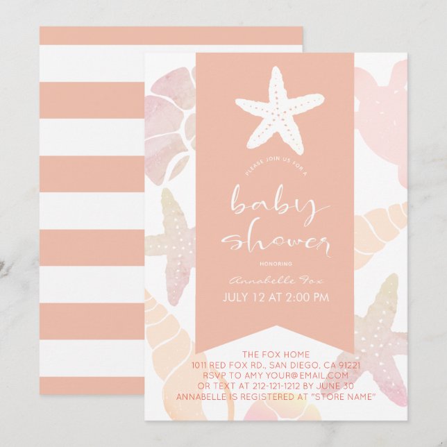 Starfish & Seashells Coral Pink Baby Shower Invitation (Front/Back)