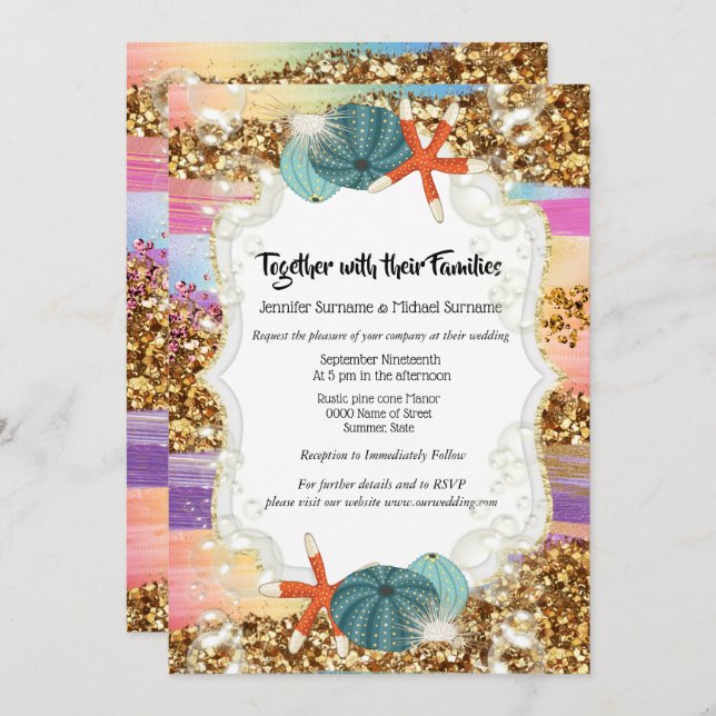 Starfish seashells glitter sunset destination invitation (Front/Back)