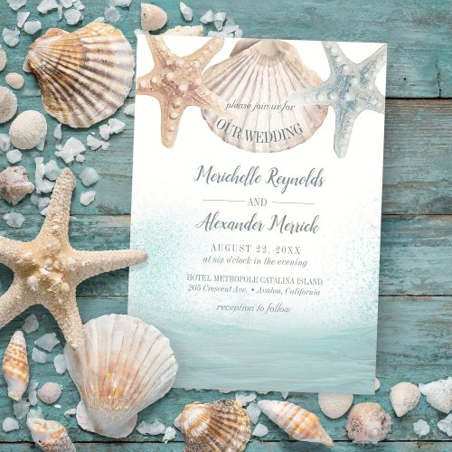 Starfish Seashells Nautical Beach Wedding Invitation