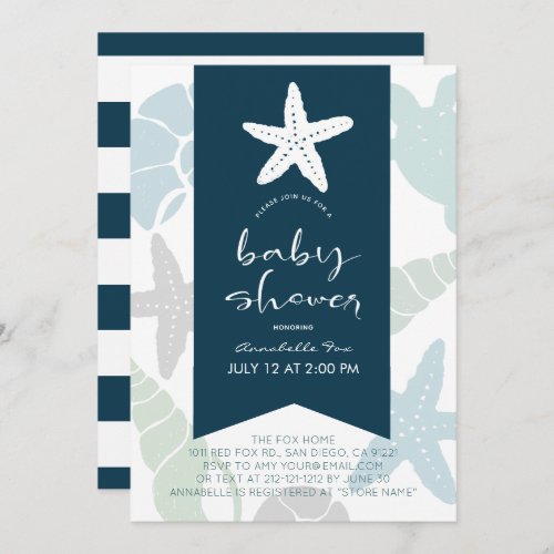 Starfish  Seashells Navy Blue Baby Shower Invitation