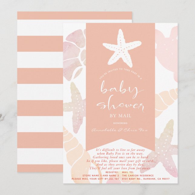 Starfish & Seashells Pink Baby Shower by Mail Invitation (Front/Back)