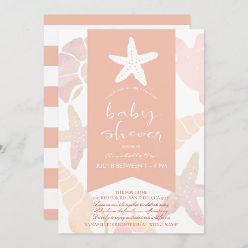Starfish  Seashells Pink Drive_by Baby Shower Invitation