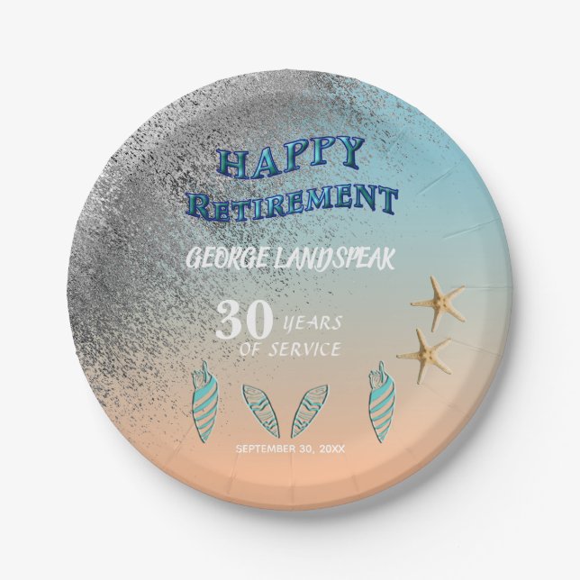 Starfish Seashells Silver Glitter Happy Retirement Paper Plates (Front)