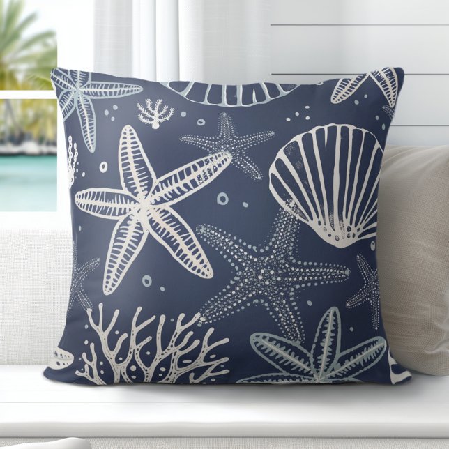Starfish Seashells Throw Pillow (Discover Gorgeous Coastal Throw Pillows by Totally Coast.)