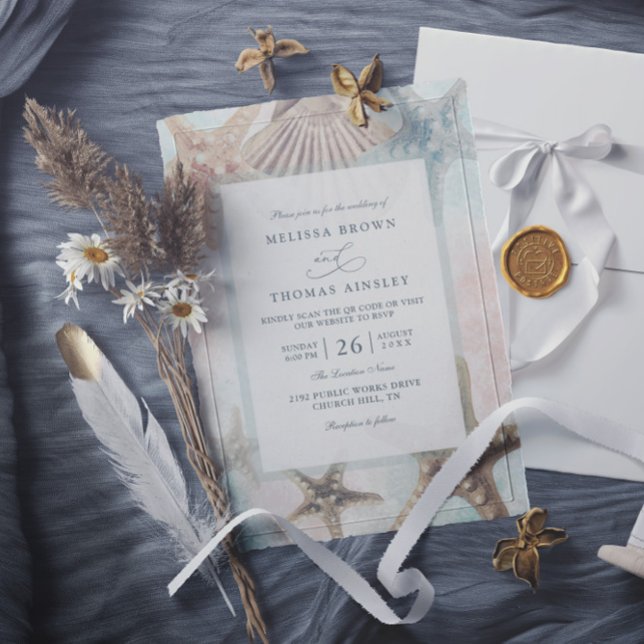 Starfish Seashells Tropical Beach QR Code Wedding Invitation (Creator Uploaded)
