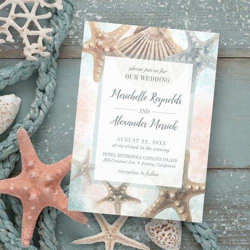 Starfish Seashells Tropical Beach Wedding Invitation