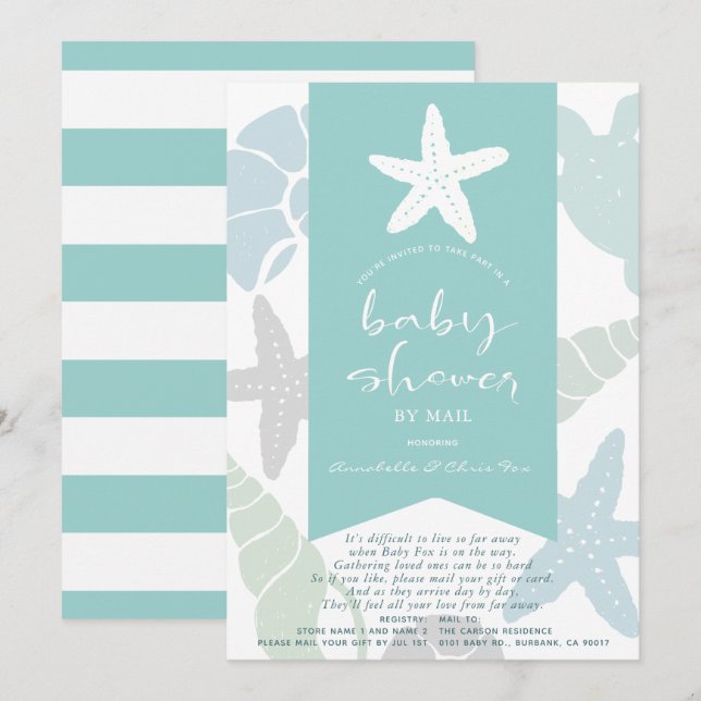 Starfish & Seashells Turquoise Baby Shower by Mail Invitation (Front/Back)
