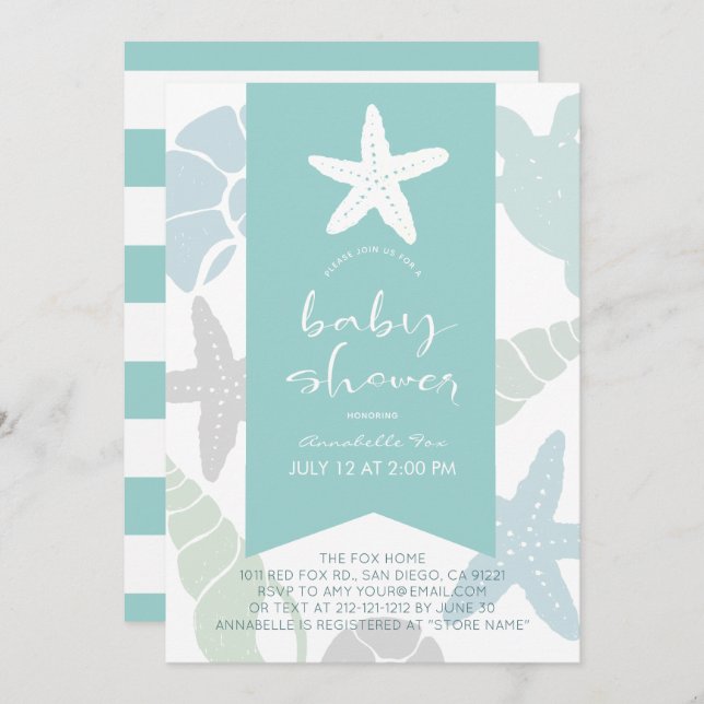 Starfish & Seashells Turquoise Blue Baby Shower Invitation (Front/Back)