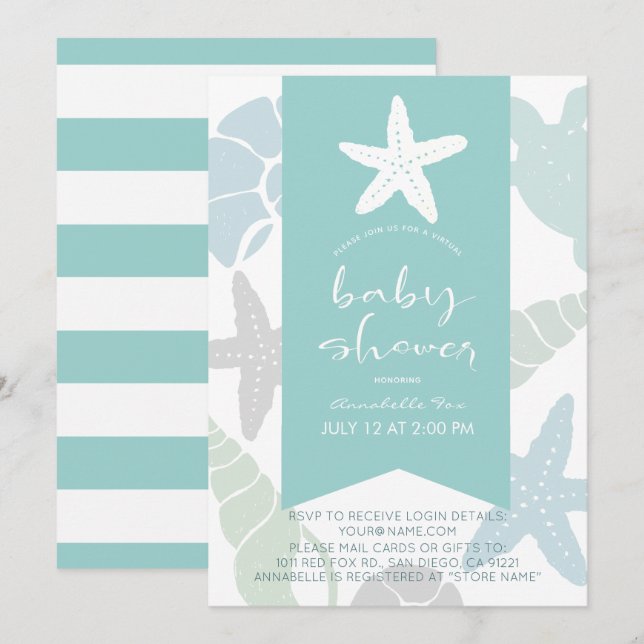 Starfish & Seashells Turquoise Virtual Baby Shower Invitation (Front/Back)