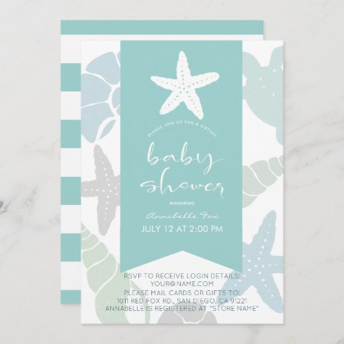 Starfish  Seashells Turquoise Virtual Baby Shower Invitation