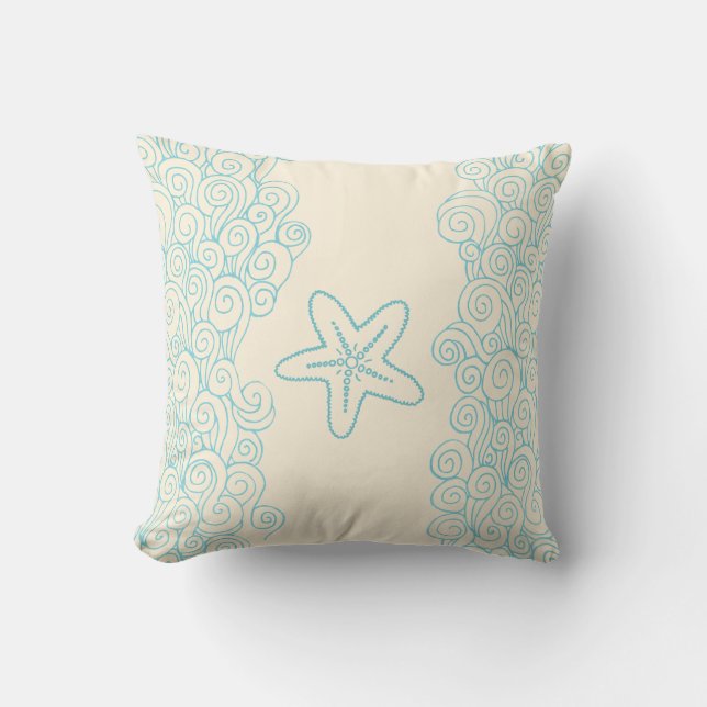 Starfish seastar and sea blue cream throw pillow (Front)