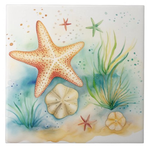 Starfish Seaweed Watercolor Under The Sea Ceramic Tile