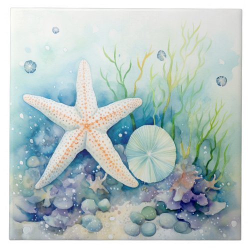 Starfish Seaweed Watercolor Under The Sea Ceramic Tile