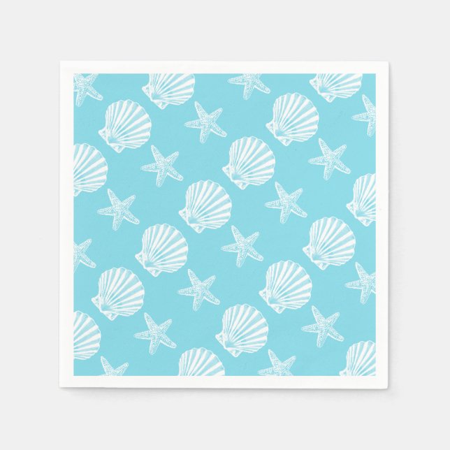Starfish shell beach theme blue paper napkins (Front)