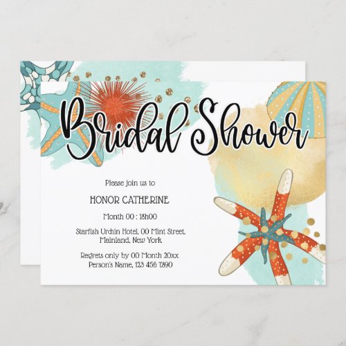 Starfish shell urchin mint gold orange bridal chic invitation