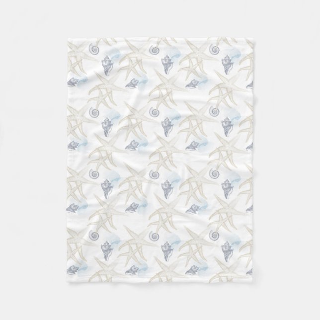 Starfish Shell White Blue Beach Fleece Blanket (Front)