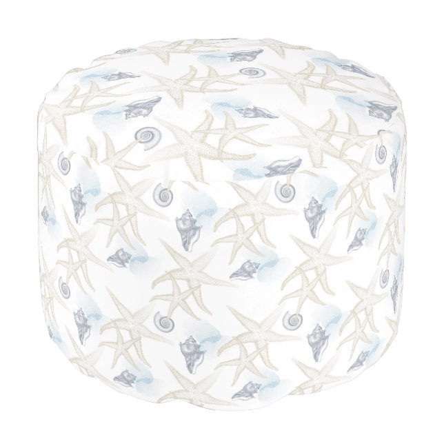 Starfish Shell White Blue Beach Pouf (Angled Front)