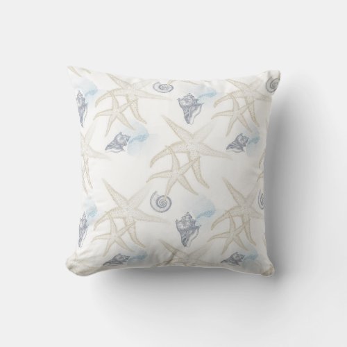 Starfish Shell White Blue Beach Throw Pillow
