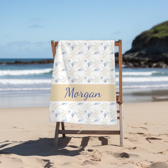 Starfish Shell White Blue Personalized Beach Towel (Creator Uploaded)