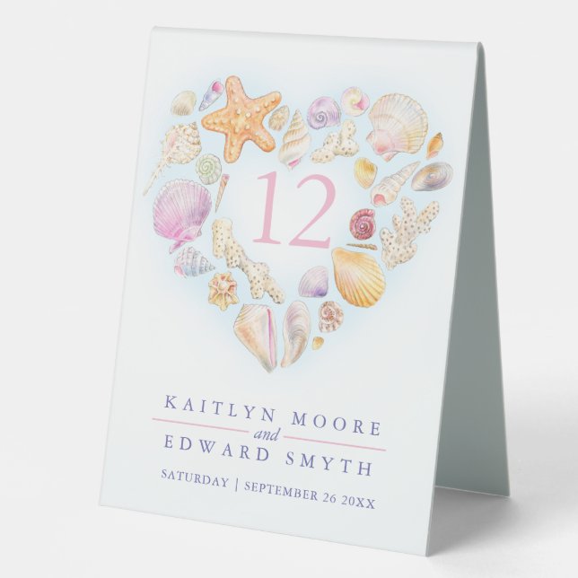 Starfish shells heart watercolor wedding pink table tent (Front)