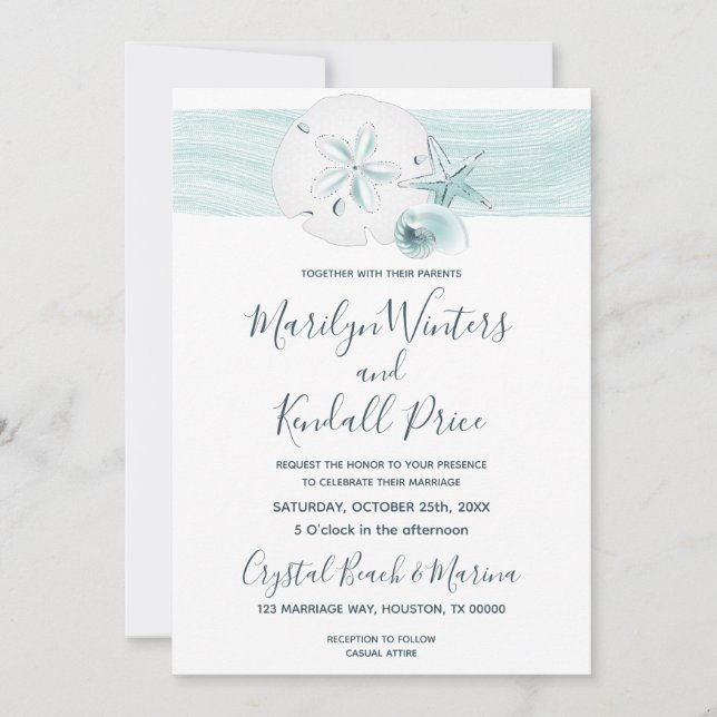 Starfish Shells Modern Elegant Beach Wedding Party Invitation (Front)