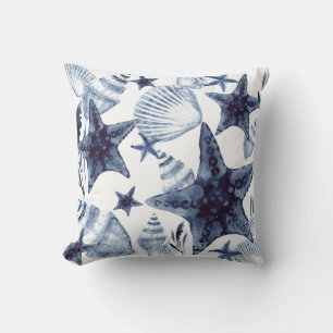 Starfish Shells Navy Blue And White Beachy Pattern Throw Pillow
