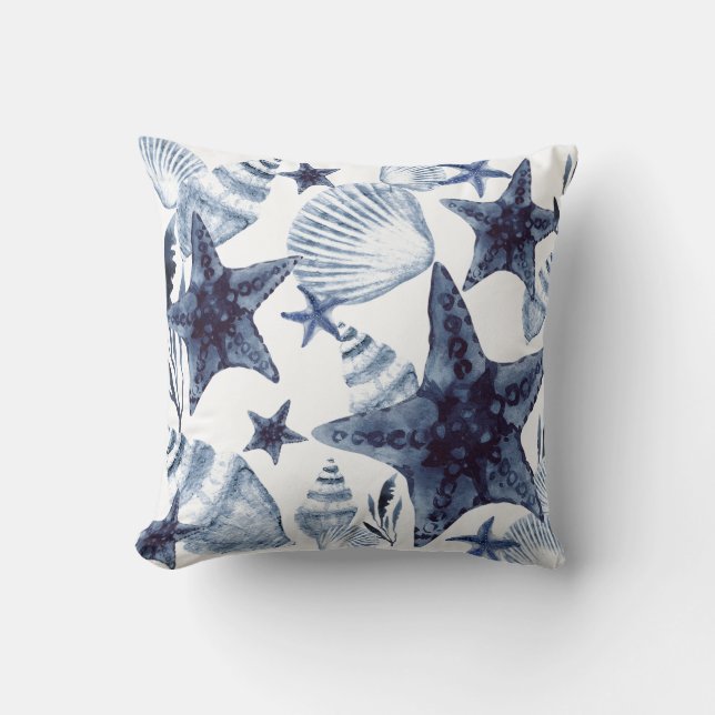 Starfish Shells Navy Blue And White Beachy Pattern Throw Pillow (Front)