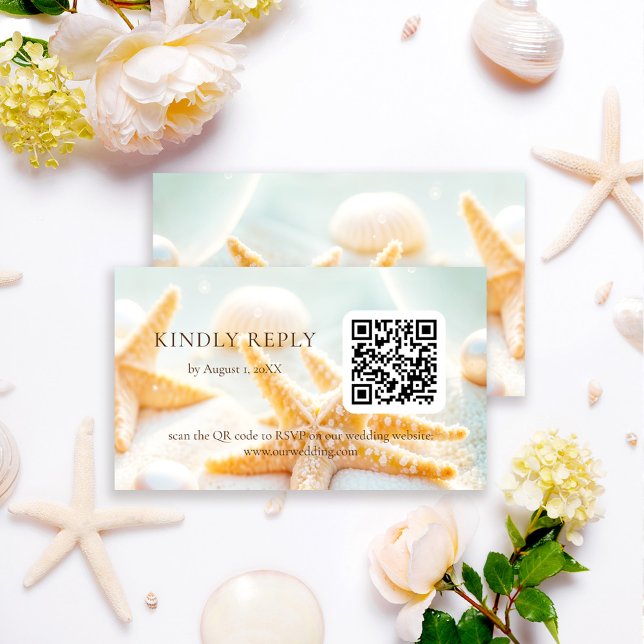 Starfish Shells Ocean Beach QR Code Wedding RSVP Enclosure Card (Creator Uploaded)