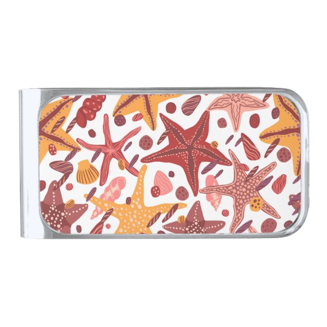 Starfish Shells: Scandinavian Sea Pattern Silver Finish Money Clip (Front)
