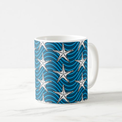 Starfish Sketch Blue Wave Patterns Coffee Mug