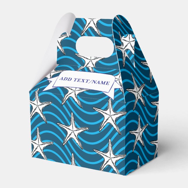 Starfish Sketch Blue Wave Patterns Custom Name Favor Boxes (Front Side)