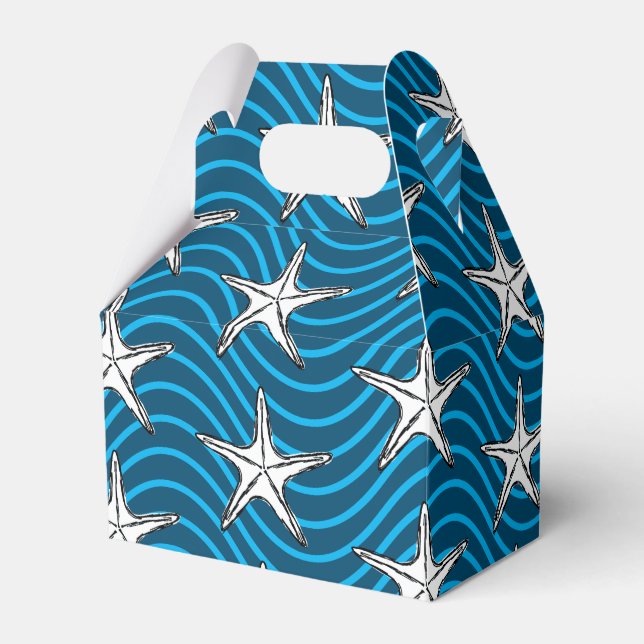 Starfish Sketch Blue Wave Patterns Favor Boxes (Front Side)