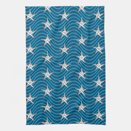 Starfish Sketch Blue Wave Patterns Kitchen Towel