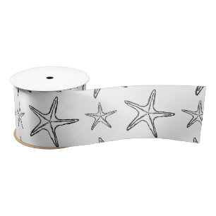 Starfish Sketch Custom Black and White Satin Ribbon