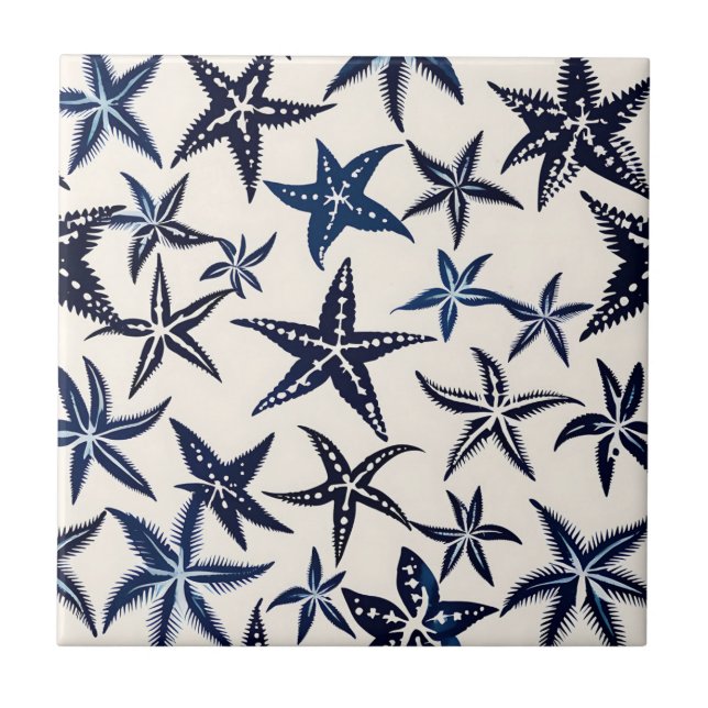 Starfish Stencil Pattern in Blue Ceramic Tile (Front)