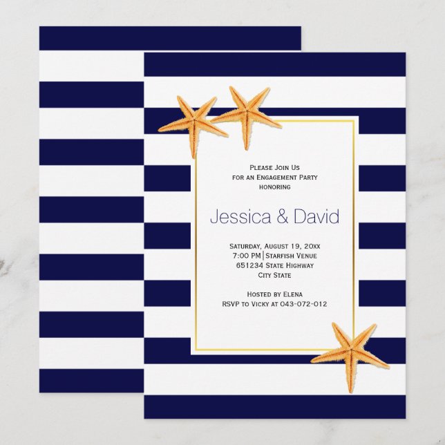 Starfish & stripes beach wedding engagement party invitation (Front/Back)