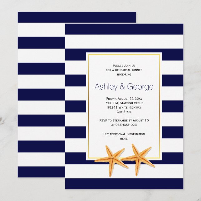 Starfish & stripes beach wedding rehearsal dinner invitation (Front/Back)