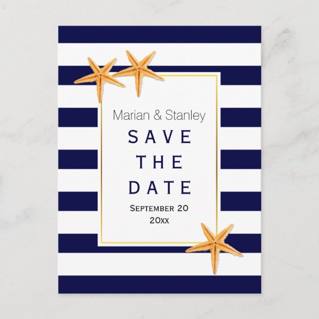 Starfish & stripes beach wedding Save the Date Announcement Postcard (Front)